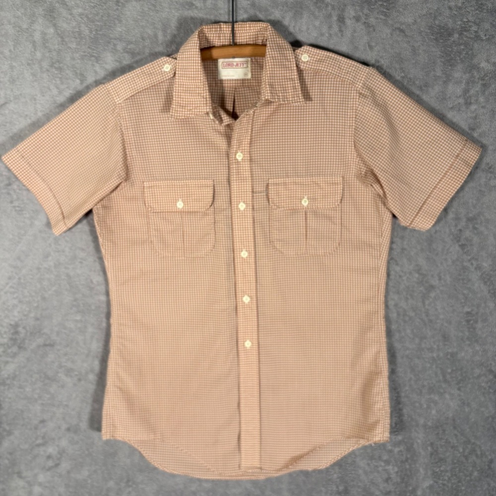 Lord Jeff Mens Vintage 70s Gingham Short Sleeve Safari Shirt Brown White Size M